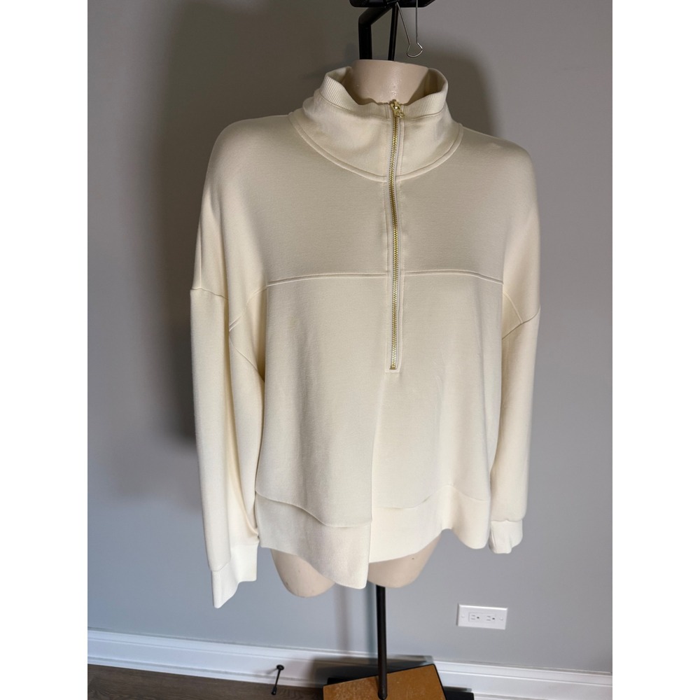 Varley DoubleSoft Half Zip Sweatshirt Cream Ivory Gold Zipper XL